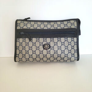 Gucci‎ plus Supreme Web Vintage Bag Clutch Unisex Leather Blue Pouch Zip Medium